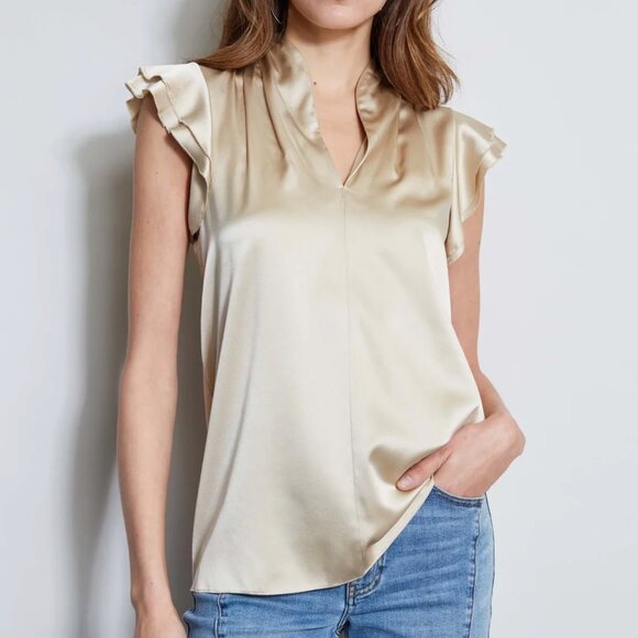 NWT Elie Tahari Gold Champagne Silk Satin Flutter Sleeve Shirt - Picture 1 of 8